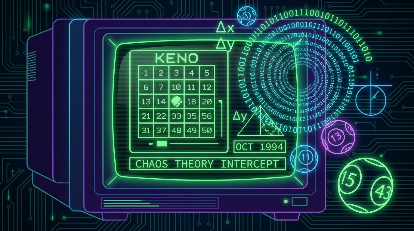 Abstract depiction of mathematical calculations of chaos theory and a Keno game screen